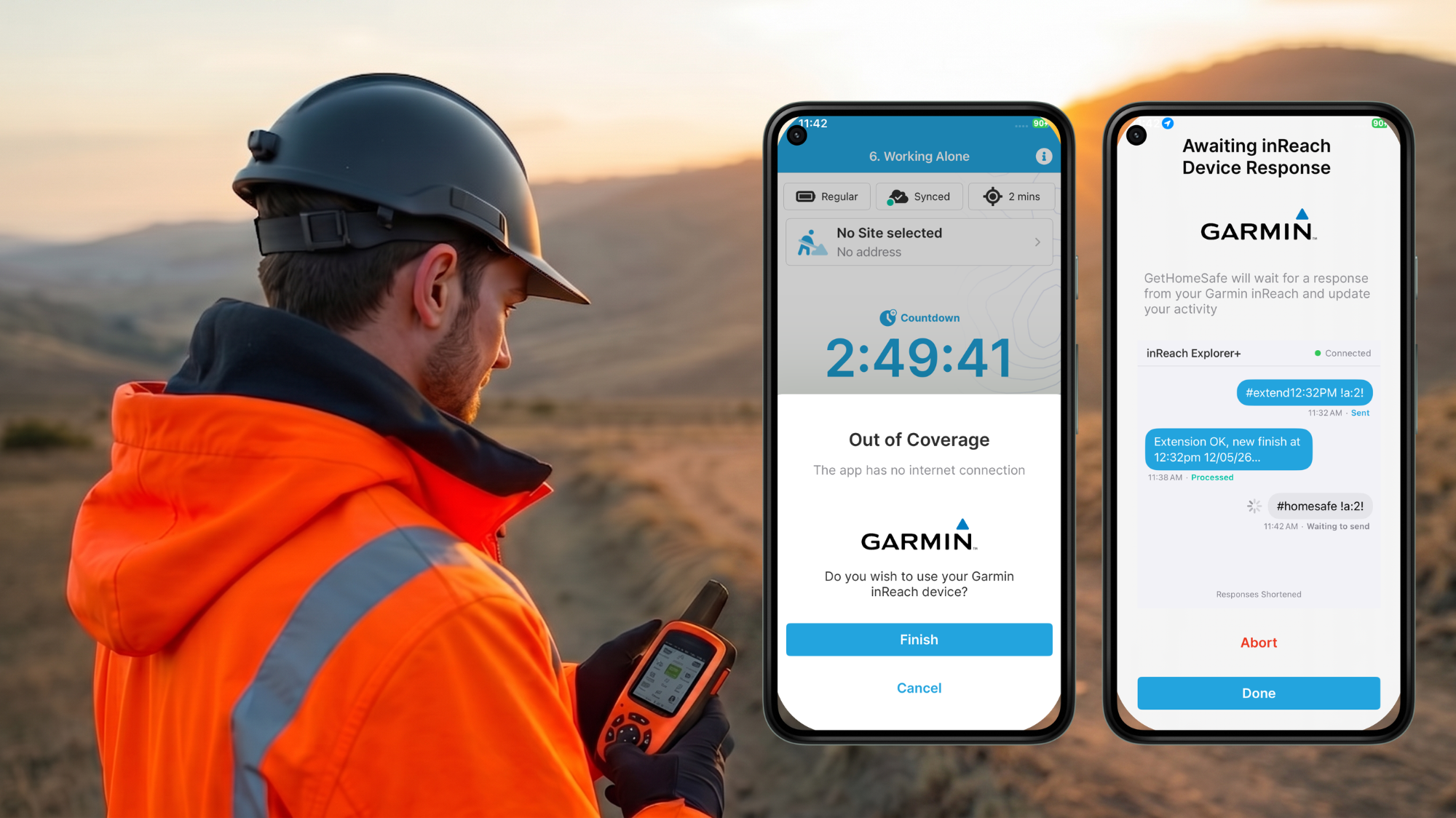 Lone worker in hi-vis and hard hat using the GetHomeSafe app and a Garmin inReach device in a remote field at dusk