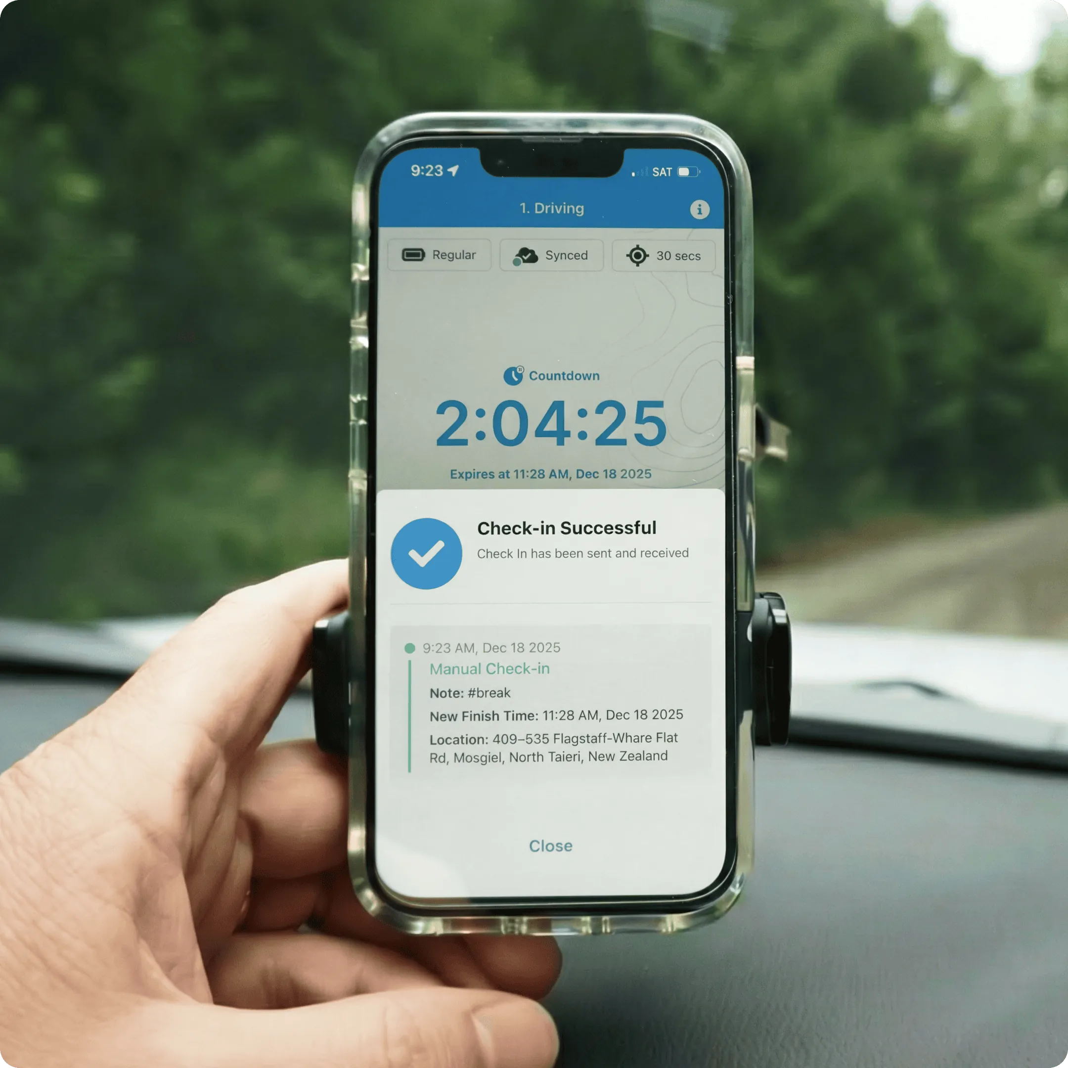 A successful check-in in the GetHomeSafe mobile app, over a direct-to-cell satellite-to-mobile connection.