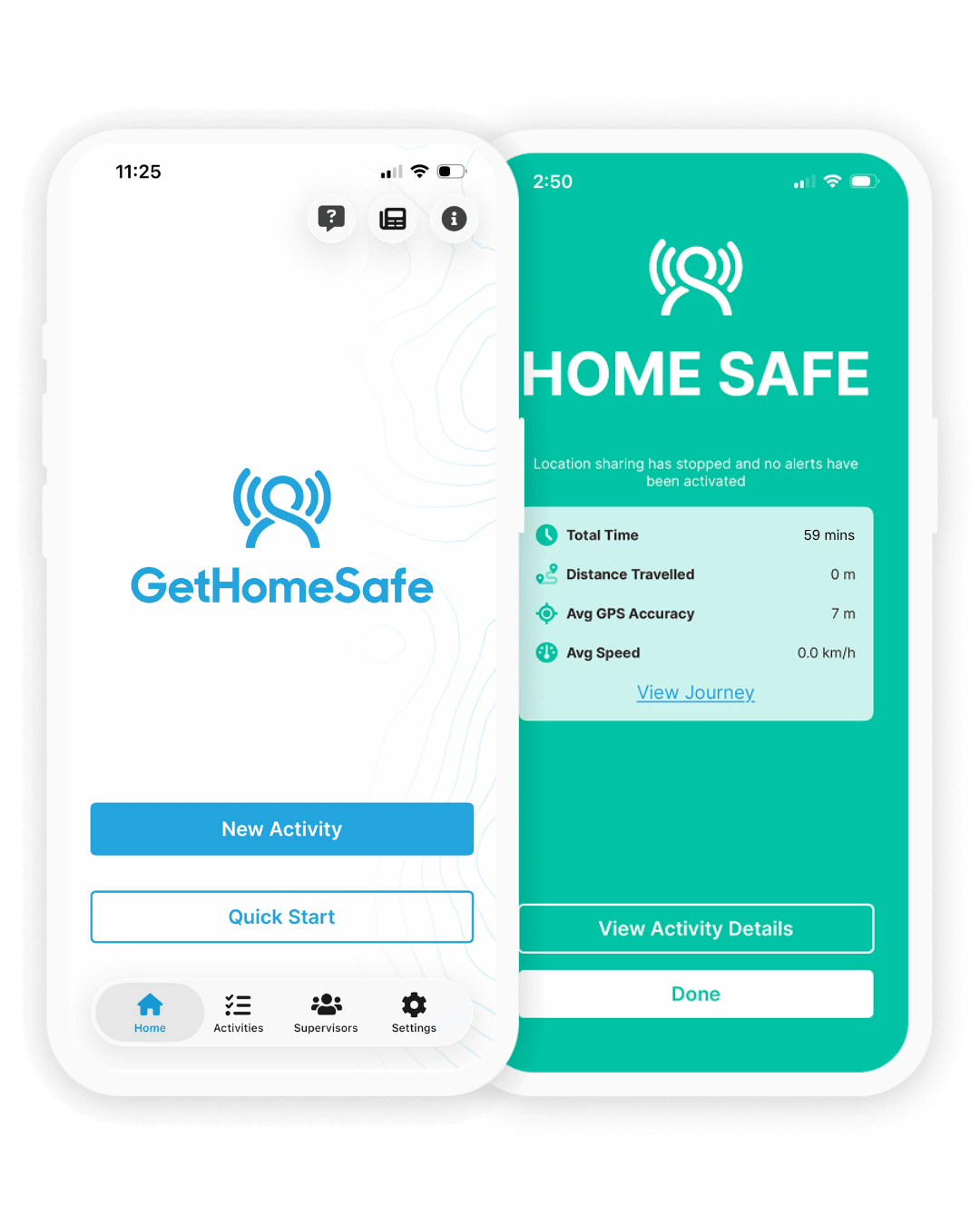 GetHomeSafe mobile app on a smartphone showing the worker safety check-in interface