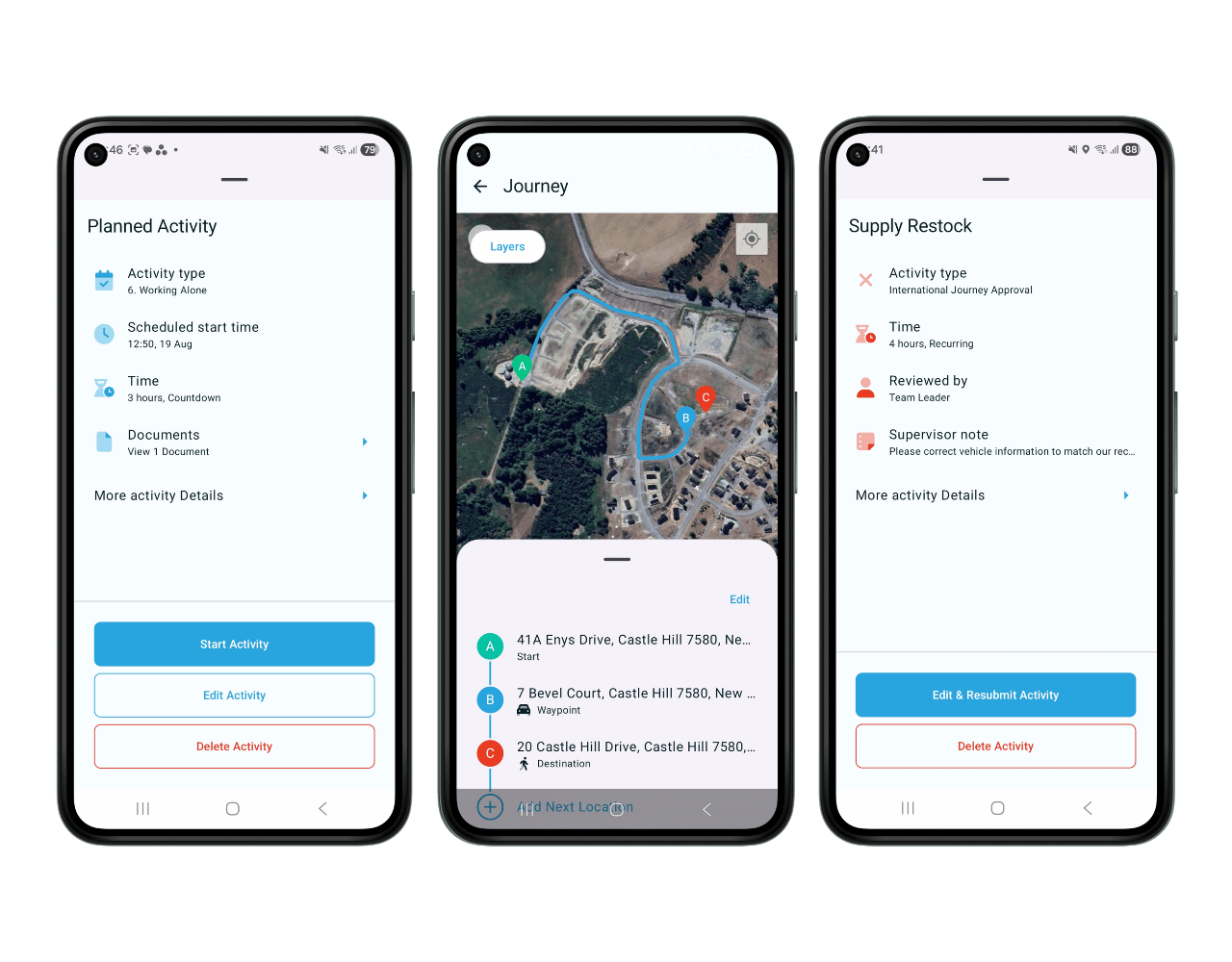 Mock-up of the GetHomeSafe app showing journey editing and favourited activities across three phone screens