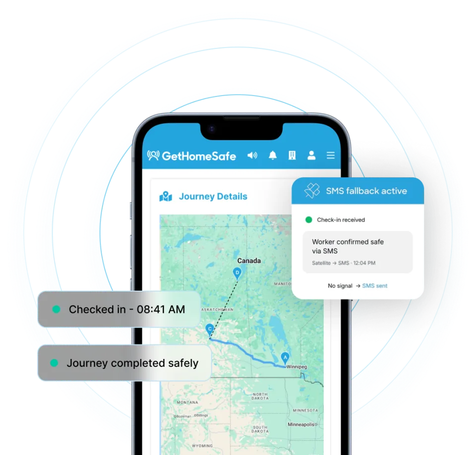 GetHomeSafe app showing a journey across Canada, with check-in and SMS fallback notifications