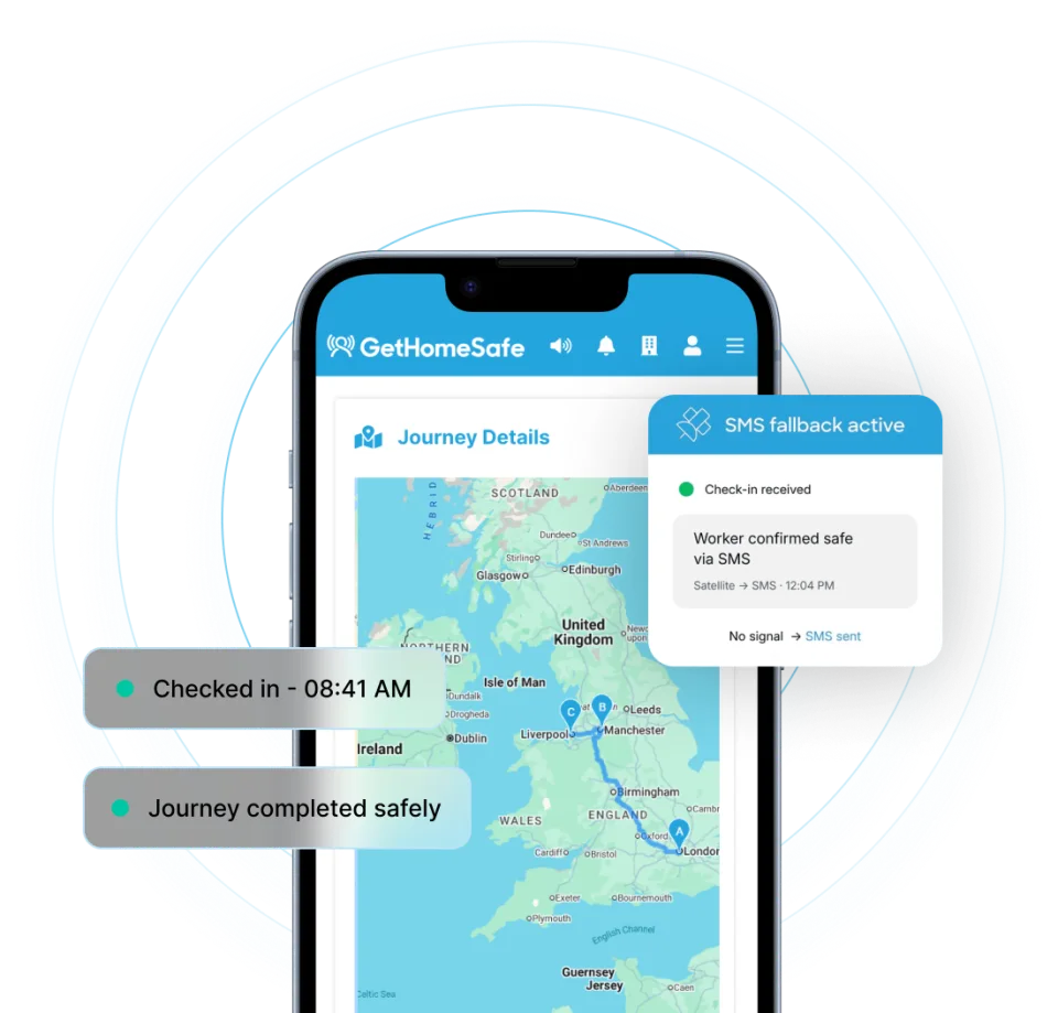 GetHomeSafe app showing a journey across the United Kingdom, with check-in and SMS fallback notifications