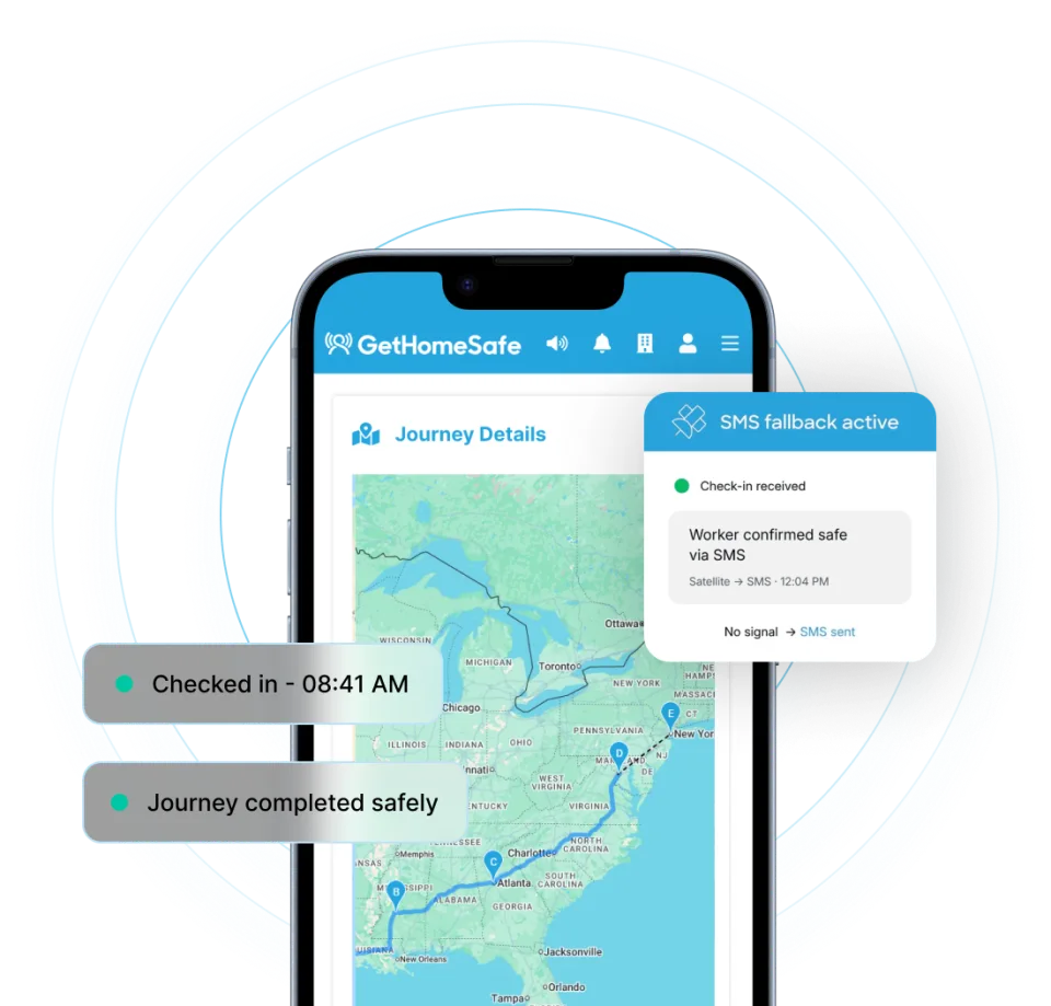 GetHomeSafe app showing a journey across the United States, with check-in and SMS fallback notifications